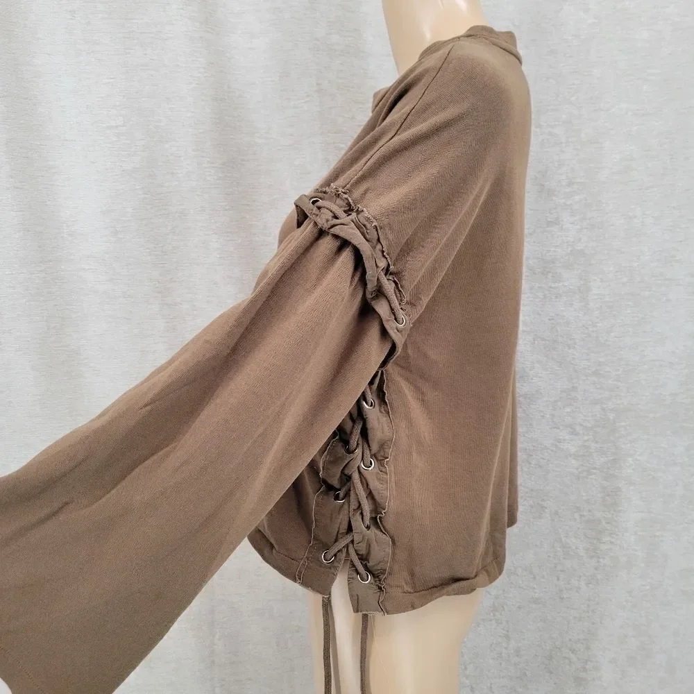 Zara Trafaluc Women's Small Brown Crewneck with Rope Tie Side Bell Sleeves